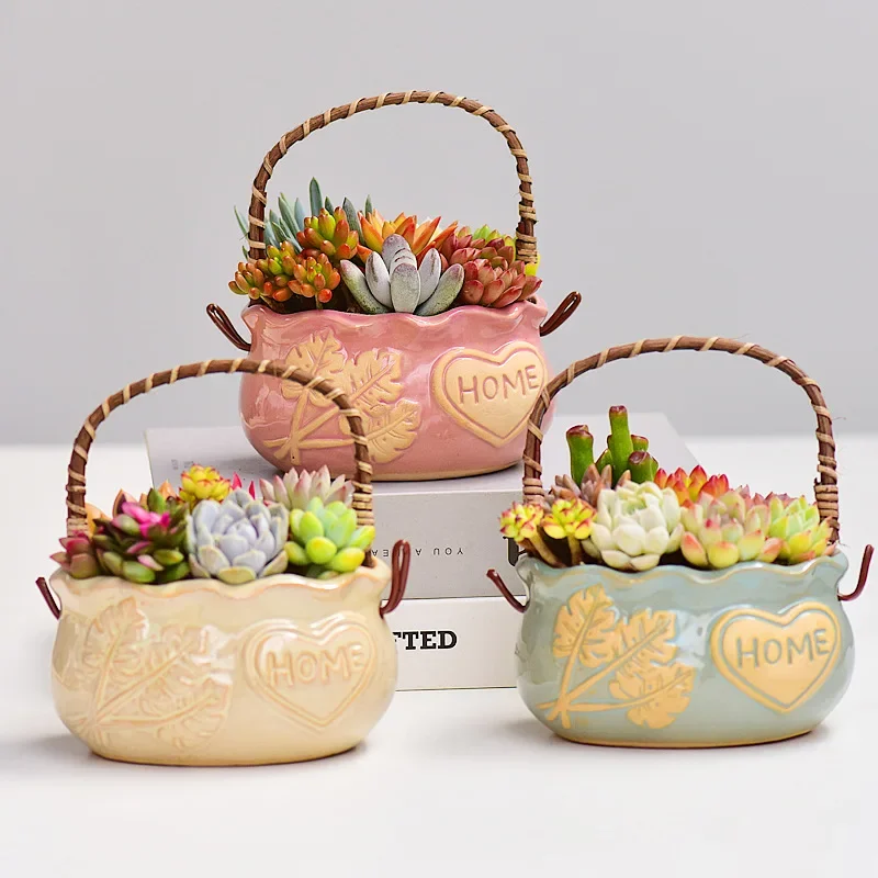 

Personalized and creative succulent portable basket flower pot ceramic relief rough pottery breathable fresh meat plant