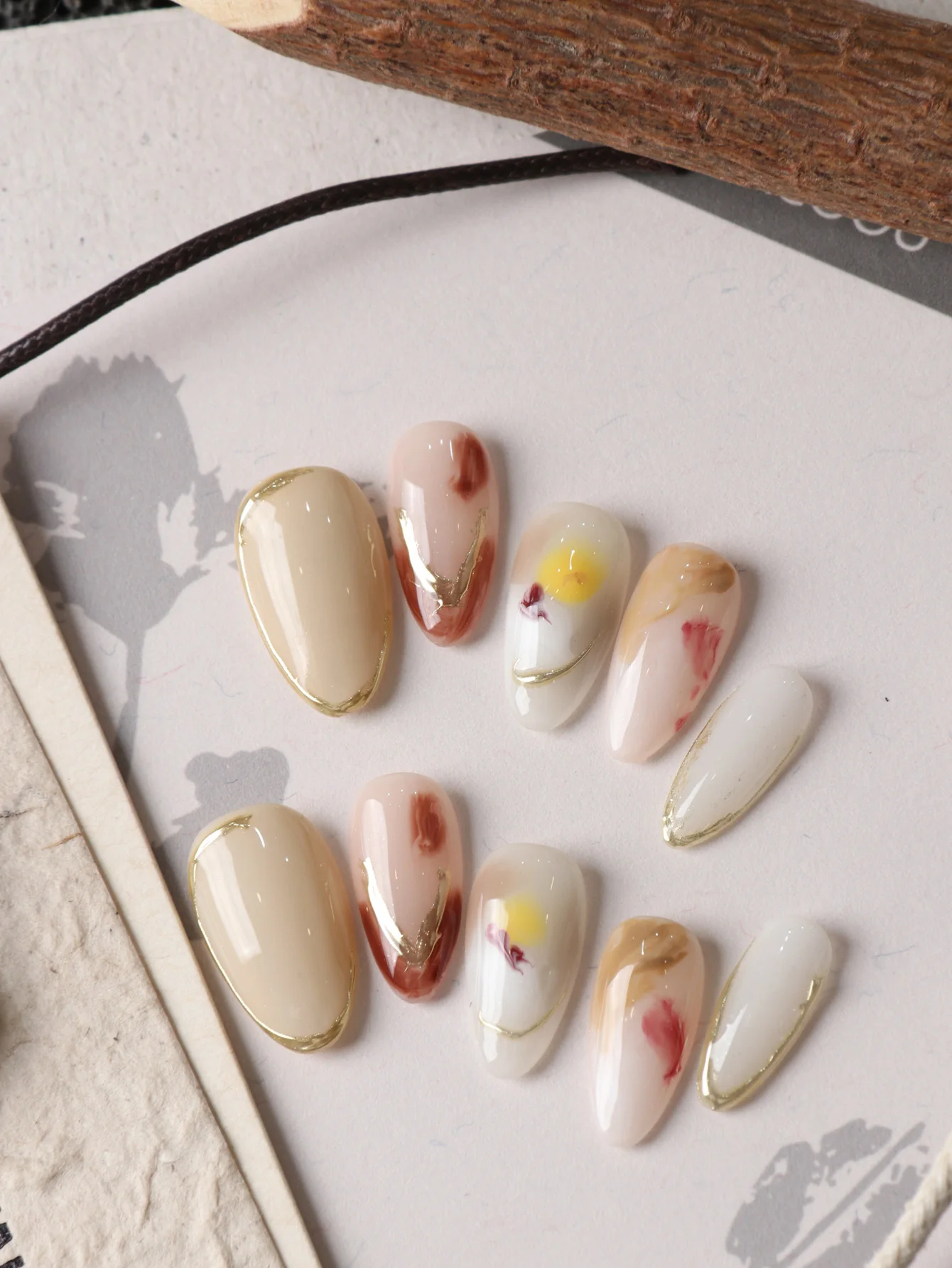 10Pcs Press on Nails Short Almond Pink Yellow White Halation Fake Nails Includes 1 Sheet of Adhesive Tabs & 1 Pc Mini File