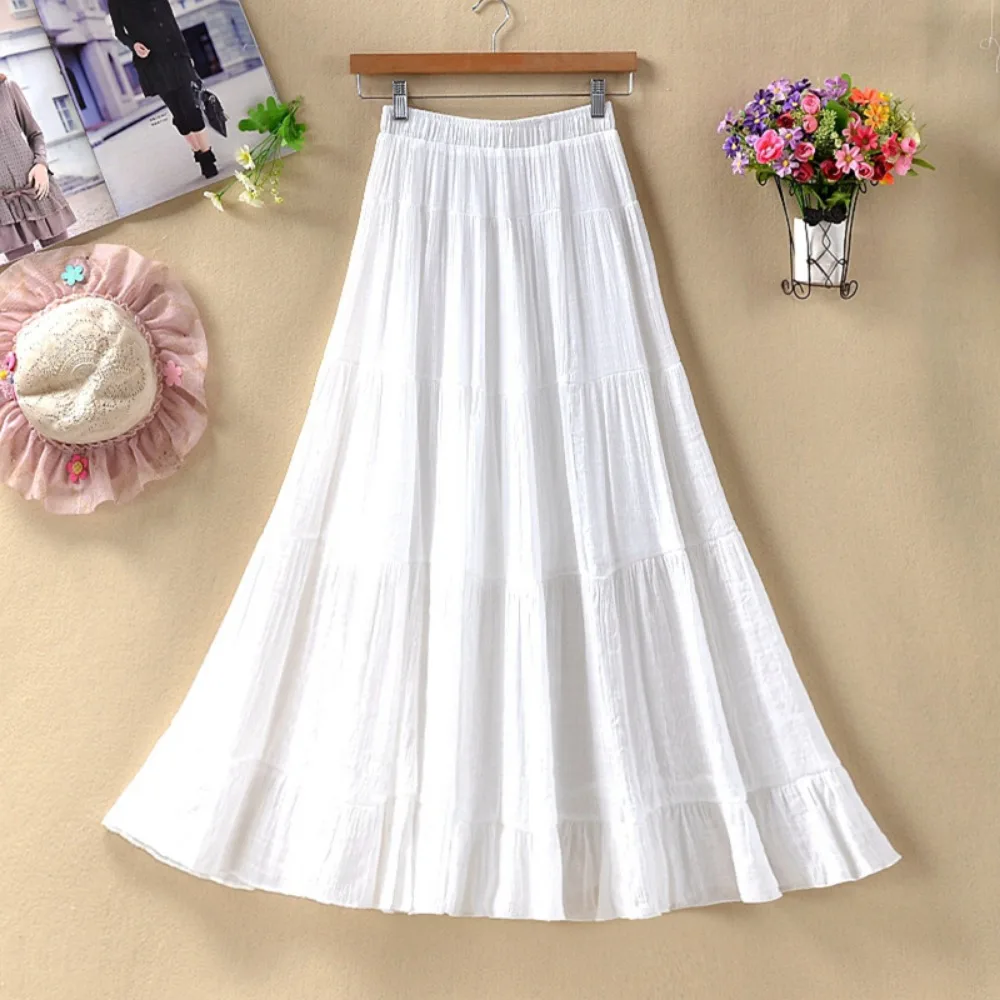 Nighpha Women’s Summer Cotton Linen Skirt Midi Long Boho Elastic Waist A-Line Skirt Swing Ruffle Hem Tiered White Black Skirt