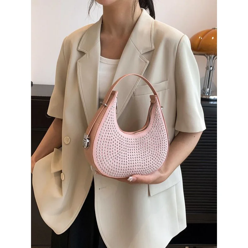 Fashion Female Diamonds Evening Underarm Bag Chain Rhinestones Solid Color Shoulder Bag Lady Semicircular Party Wedding Handbags