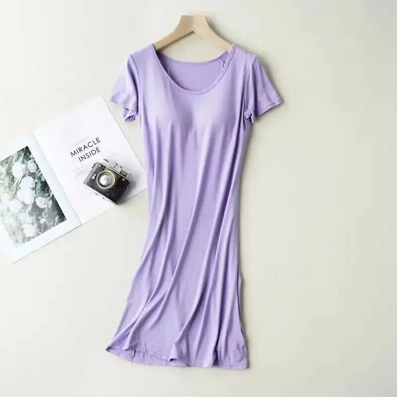 Women Solid Modal Nightdress With Chest Pad Comfort Short Sleeve Mid-Long Pajamas Casual Homewear Sleepwear With Built In Bra