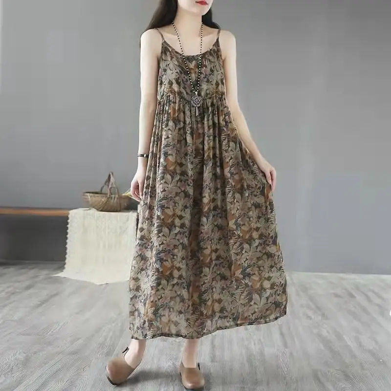 Women\'s Summer Pullover Camisole Sleeveless Flower Printing Shirring Casual Loose Chiffon Clothing Backless Vintage Dress