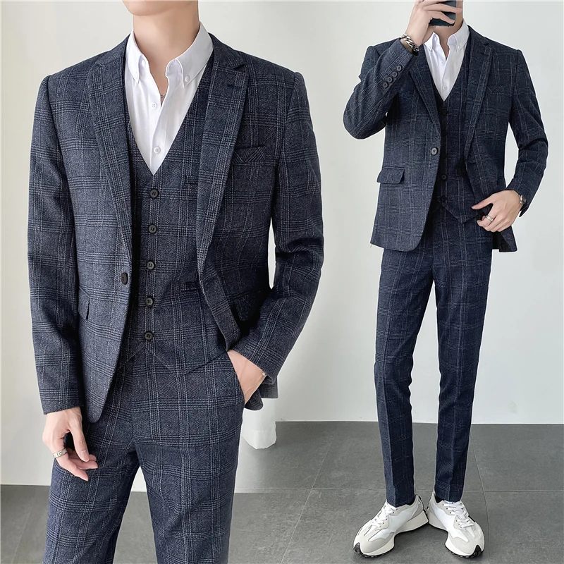 

British Light Mature Wind Ins Slim Fit (suit + Vest +trousers) Men's Fashion Wedding All Match Fine Casual Plaid Three-piece Set