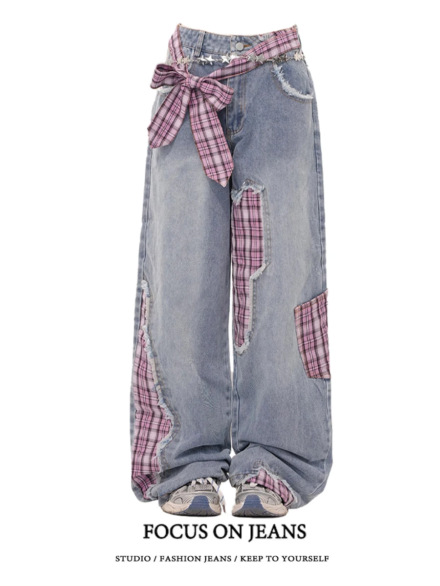 

Women's Plaid Wide Leg Jeans Knot Winter High Waist Loose Straight Long Trousers Casual Comfortable Denim Pants