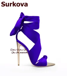 Surkova Golden Heels Royal Blue Satin Sandals Stilettos Pointed Toe Butterfly-know Dress Shoes Lace-up Bunny Ears Bowtie Pumps