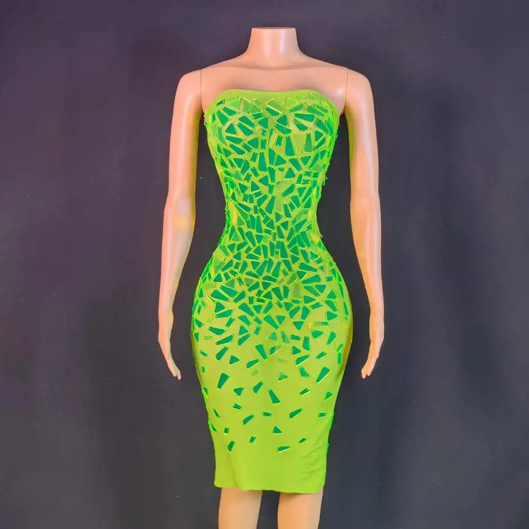 

Women Fluorescent Green Sequins Stunning Stretch Party Birthday Queen Sexy Dress Performance Night Club Costume 2025