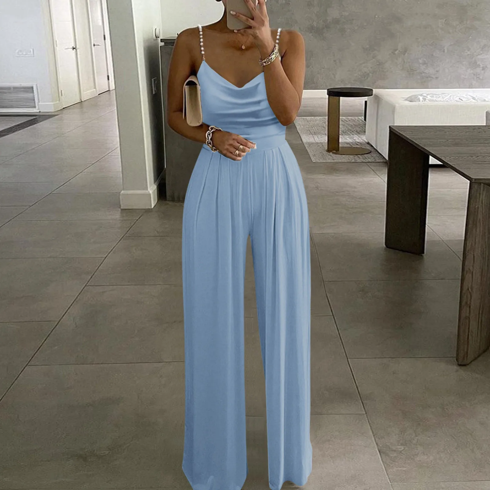 

Summer Elegant Women Jumpsuit Casual Solid Color Two Pearl Strap Overalls V Neck High Waist Tube Pants Dressy Rompers Jumpsuit