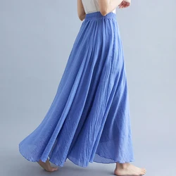 Nieuwe Dames Elegante Hoge Taille Linnen Maxi Rok 2023 Zomer Dames Casual Elastische Taille 2 Lagen Rokken Saia Feminina 20 Kleuren