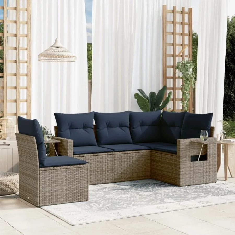 

5 Piece Patio Sofa Set with Cushions Gray Poly Rattan