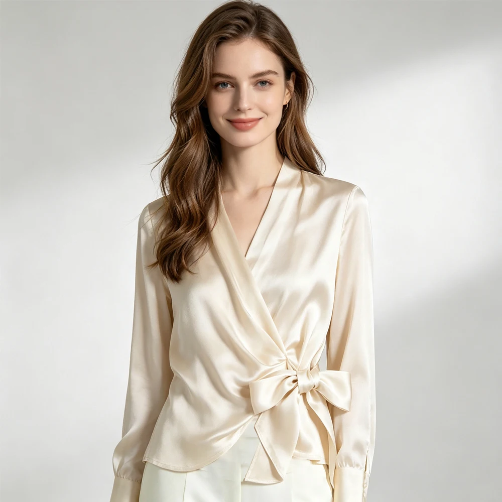 Fashion Women's Clothing Heavy Silk Satin Bow Decorative Diagonal Shirt Minority Mulberry Silk Ol Fan Office Senior Shirt