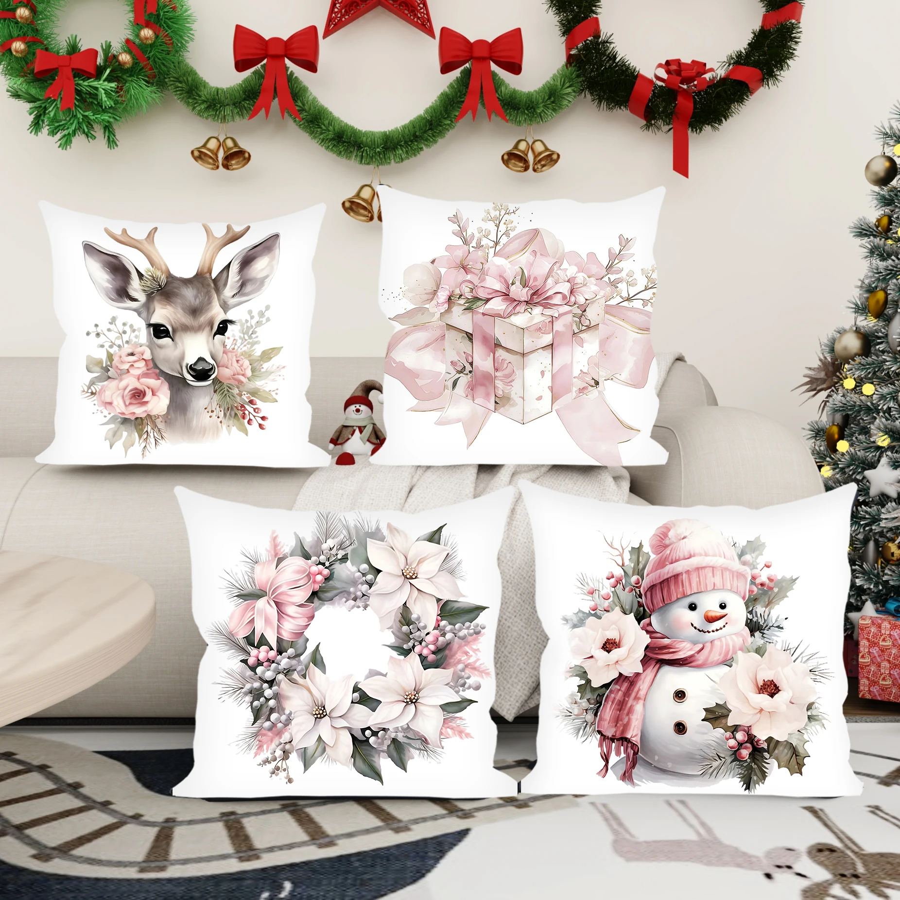 

4 Pcs Merry Christmas Decorative Pillow Cover 18x18 In Throw Pillowcase Christmas Decorations Home Decor Cushion Cover for Sofa