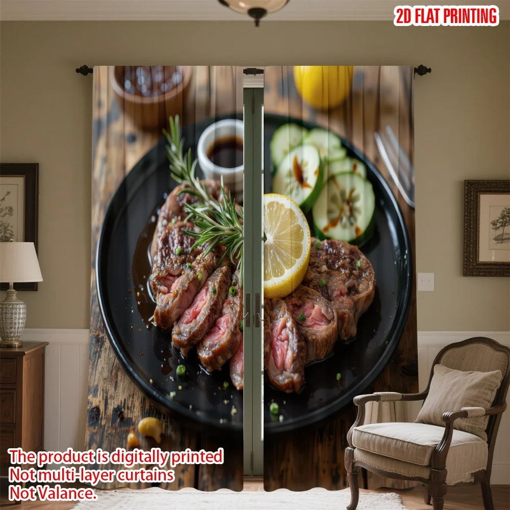 

2D flat printing 2pcs Scene Curtains Steak with Lemon Slice Digital Printed Polyester Drapes Family Party Decoration Perfect for