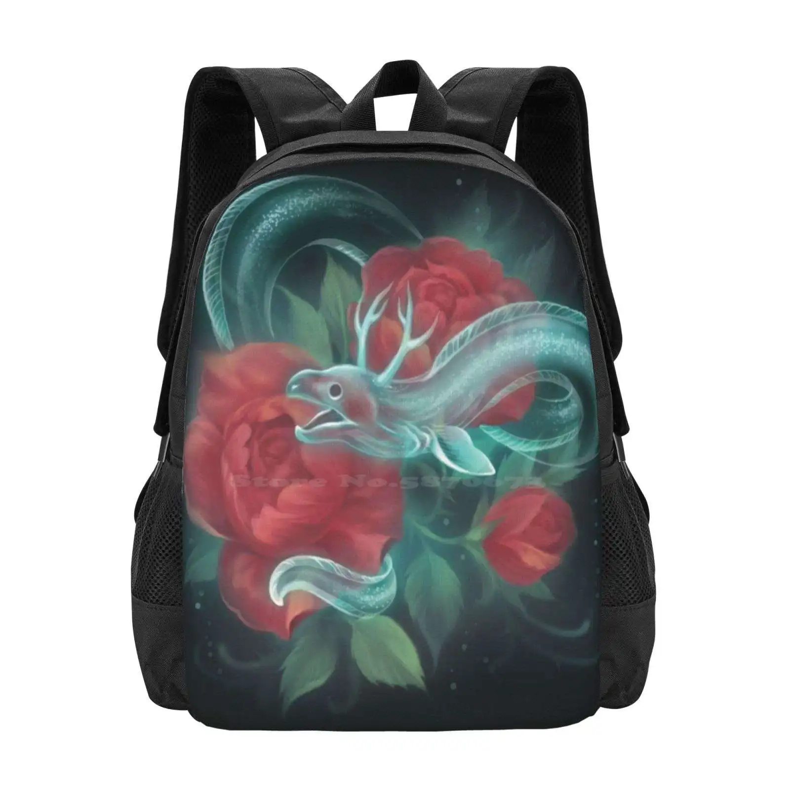 Ghost Eel And Roses School Bags Travel Laptop Backpack Eel Spooky Ghostly Gothic Roses Darkness Horror Ornamental Vintage