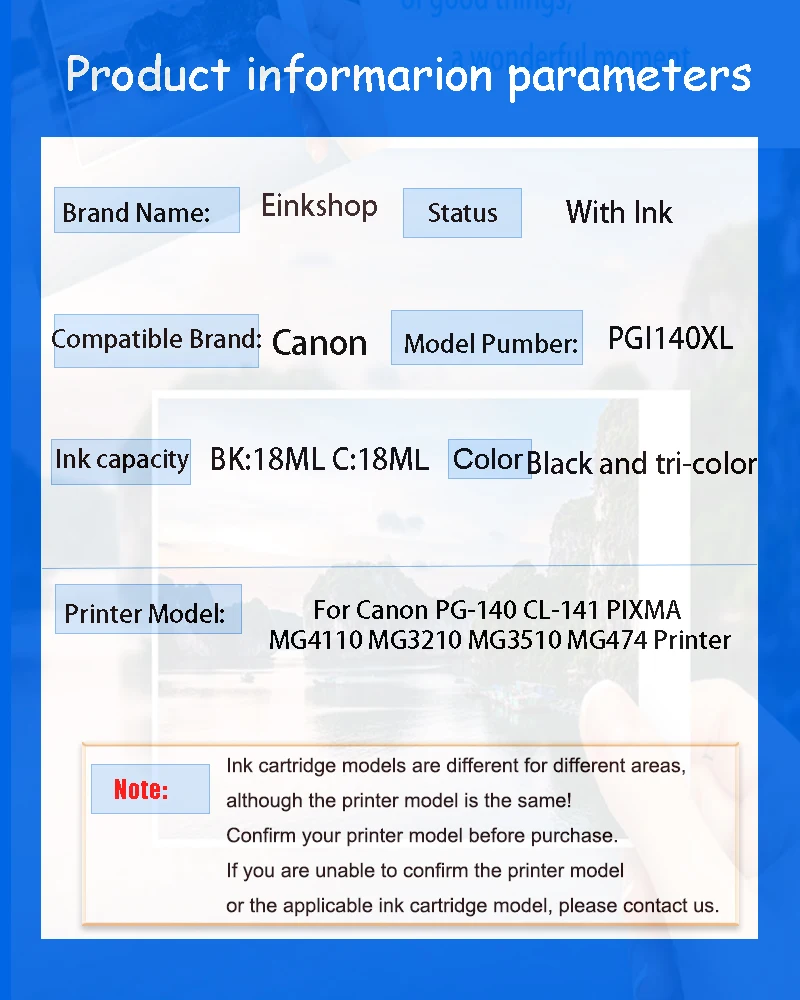 Einkshop Compatible 140XL 141XL PG140 CL141 Ink Cartridge For Canon PG-140 CL-141 PIXMA MG4110 MG3210 MG3510 MG474 Printer