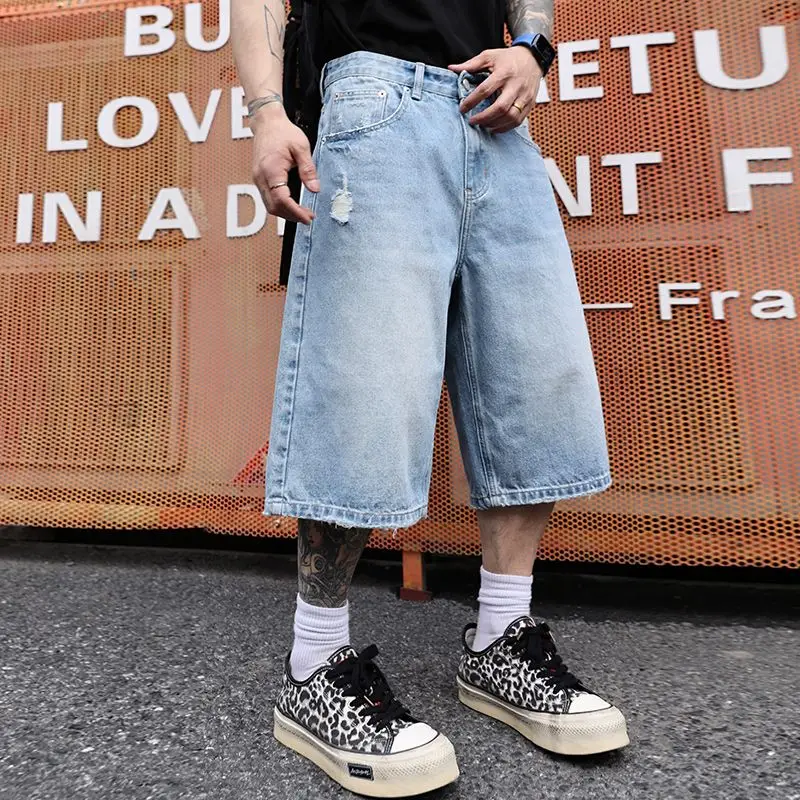 

Summer New Light Blue Denim Short Men Straight Leg Loosen Fit Baggy Pants For Male