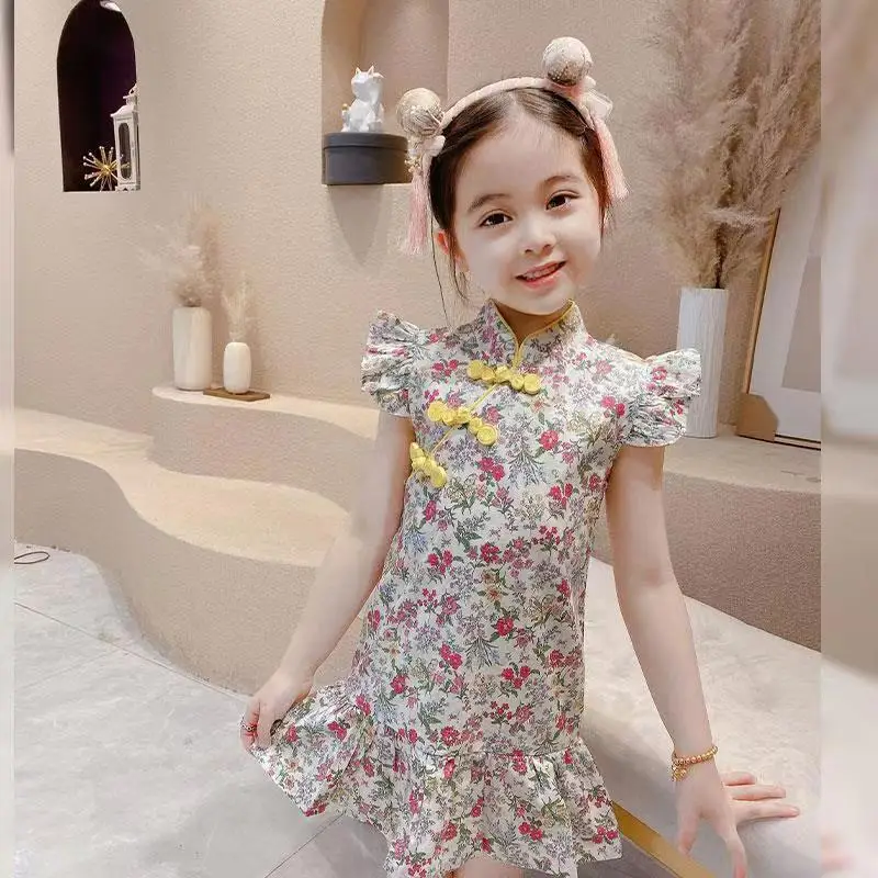 Summer Baby Girl Choengsam Dress Chinese Style Hanfu Retro Print Princess Dress Ruffle Sleeve Flower Print Kid Dress Qipao A1240