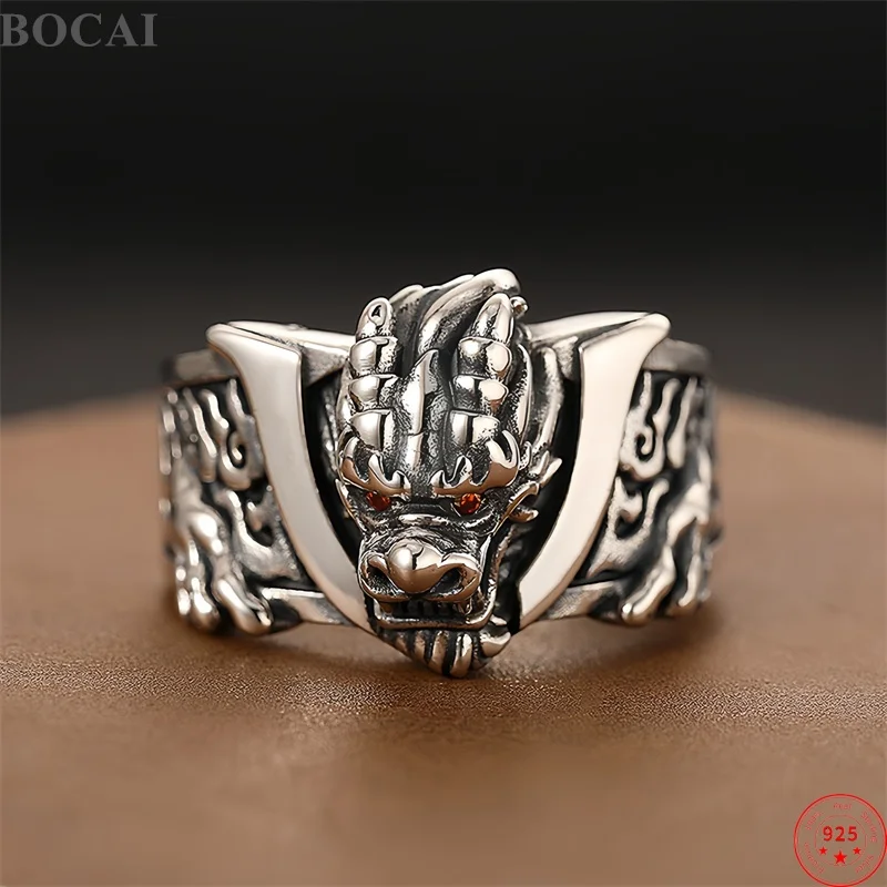 

BOCAI New S925 Silver Rings for Men Retro Personality Antique Relief Dragon Auspicious Cloud Pattern Punk Fine Jewelry Wholesale