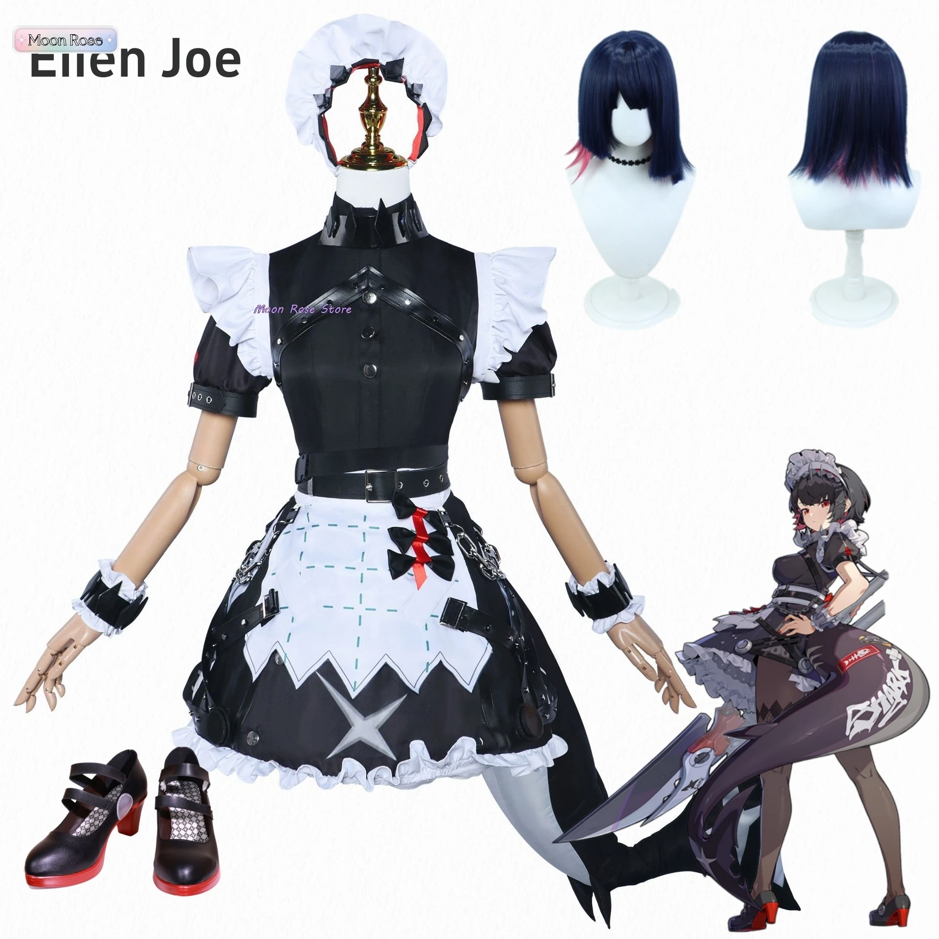 Game Zenless Zone Zero Ellen Joe Maid Cosplay Costume Wig Hairpin Prop Anime Uniform Women Men Halloween Outfit Role Play Shoes