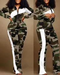 2024 Women Print Zipper Stand Collar Sheath Tops Two Piece Sets Full Sleeve Casual Long Straight Pants Set Autumn Winter