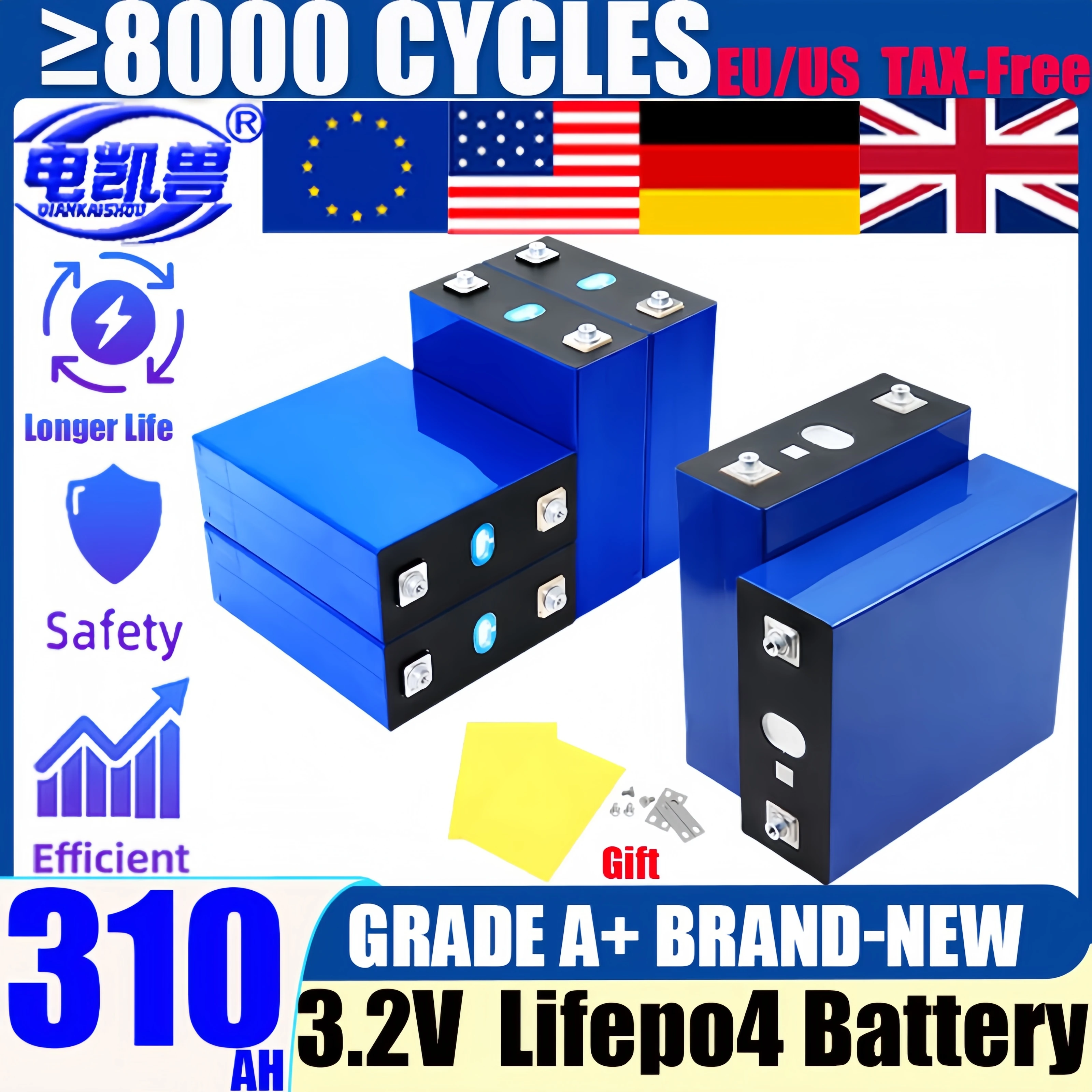 

New 3.2V 310Ah Grade A Lifepo4 Rechargeable Battery Lithium Iron Phosphate for Travel Solar RV EV Cells12v 24v 48V Tax Fre