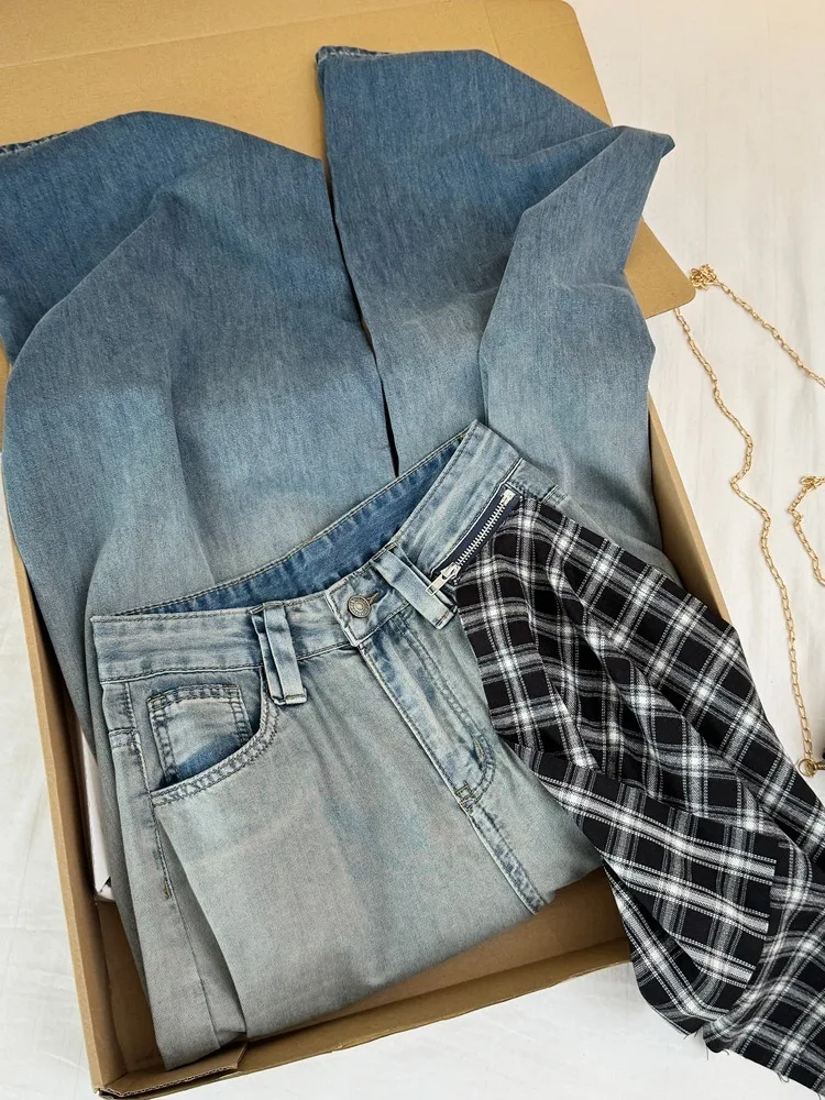 

American Sle adient Blue Hole Denim Pants Women's Summer High Waist Straight Leg Jeans Trendy Casual Cotton Blend Trousers