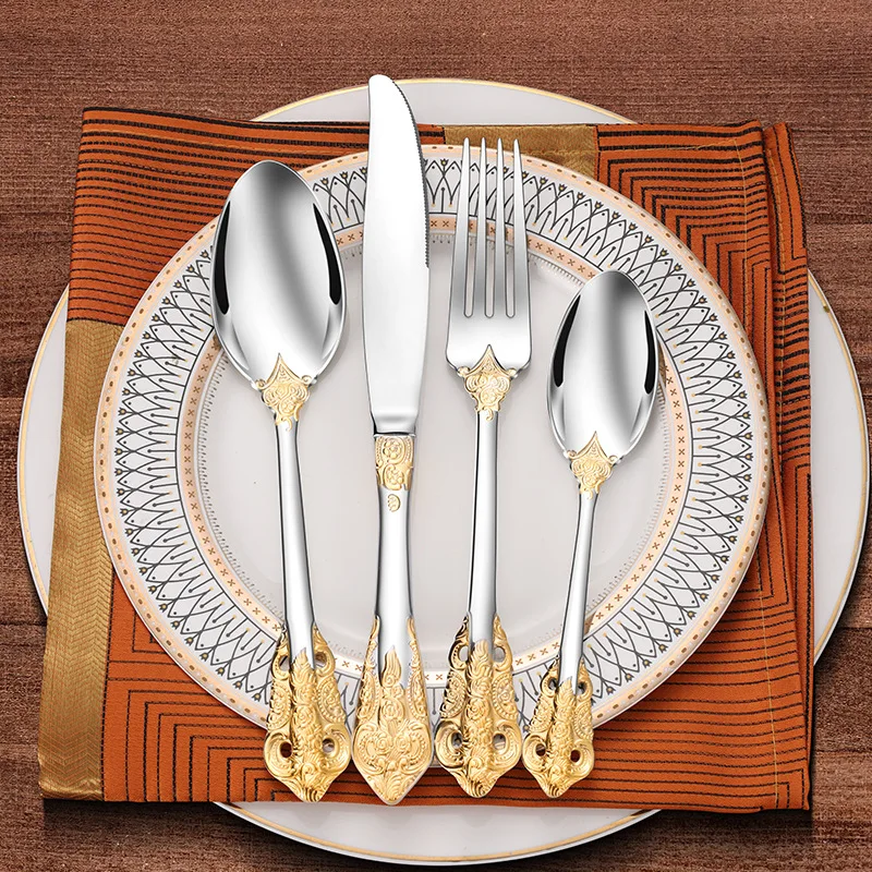 

Stainless Steel Knife Fork And Spoon Retro Embossed Golden Flower High End Western Tableware With Aesthetics Household Products