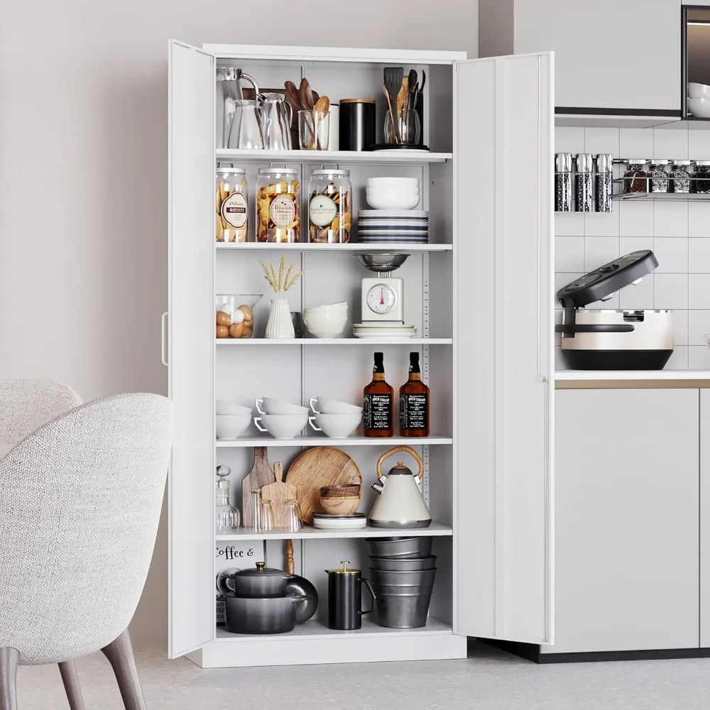 White Metal Storage Storage Cabinet with 5 Adjustable Shelves,Metal Cabinet with Locking Doors,Steel Pantry Closet Locker