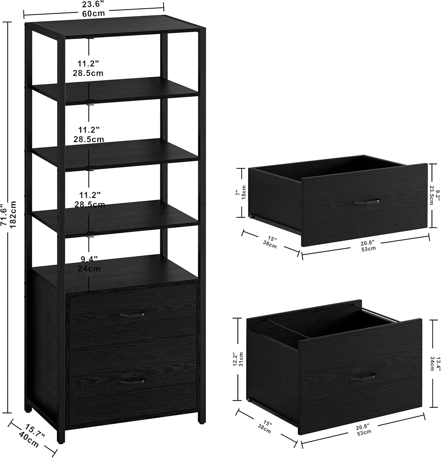 Industrial Bookcase with File Cabinet Drawers, 71.6 in Tall Bookshelf 5 Tier, Freestanding Storage Home Office Cabinet Organizer