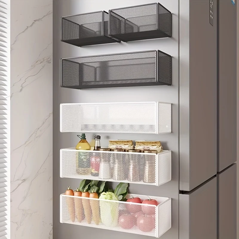 Magnetisches Wandregal mit magnetischem Verriegelungssystem, robustes und weißes/schwarzes Netz-Türenfreies Aufbewahrungsregal für den Kühlschrank