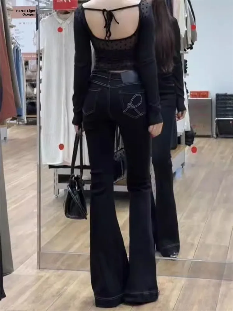 

Расклешенные джинсы с вышивкой в стиле ретро, женские эластичные длинные брюки с высокой талией больших размеров, повседневные джинсовые джинсы с высокой талией