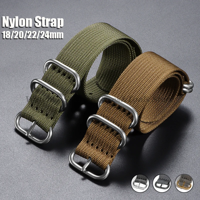 Sailcloth Nylon-Uhrenarmband, Silber, Schwarz, Gold, Ringschnalle, 18 mm, 20 mm, 22 mm, 24 mm, für Herren und Damen, geripptes Geflecht, Ersatzarmbandbänder