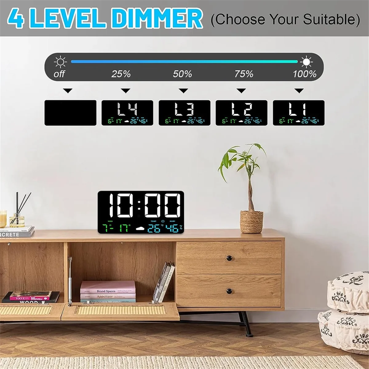 Reloj de pared digital con pantalla grande, relojes de pared digitales LED USB de 25 cm, reloj despertador para dormitorios con estación meteorológica