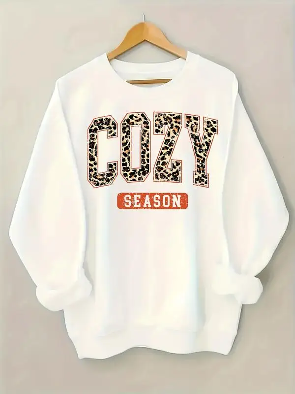 

Women's Cozy Leopard Print Crewneck Sweatshirt - 'Cozy Season' Lettering Pullover, Soft Round Neck Long Sleeve Sweater for Fall