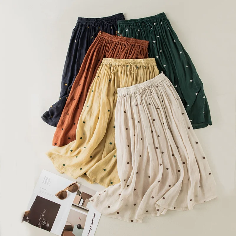 

Летняя хлопково-льняная двухслойная юбка трапециевидной формы с принтом в горошек и высокой талией, женская свободная плиссированная юбка больших размеров с завязками