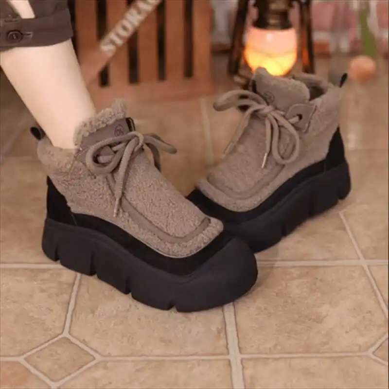 Women's Shoes Platform Female Footwear Mixed Colors Round Toe Clogs Dress Winter Cross New Lace-Up Kid Suede Boots Short Plush R