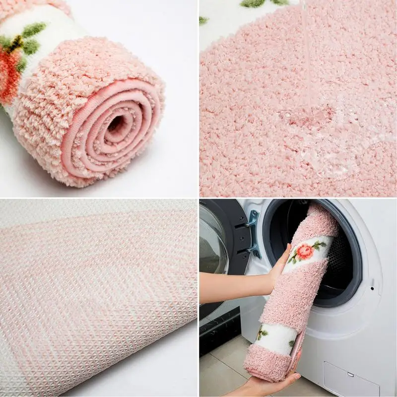 Floral Bathroom Rug Durable Fiber Rose Flower Area Rugs Toilet Floor Rugs Anti Slip Pretty Floral Rural Style Toilet Cover Mat