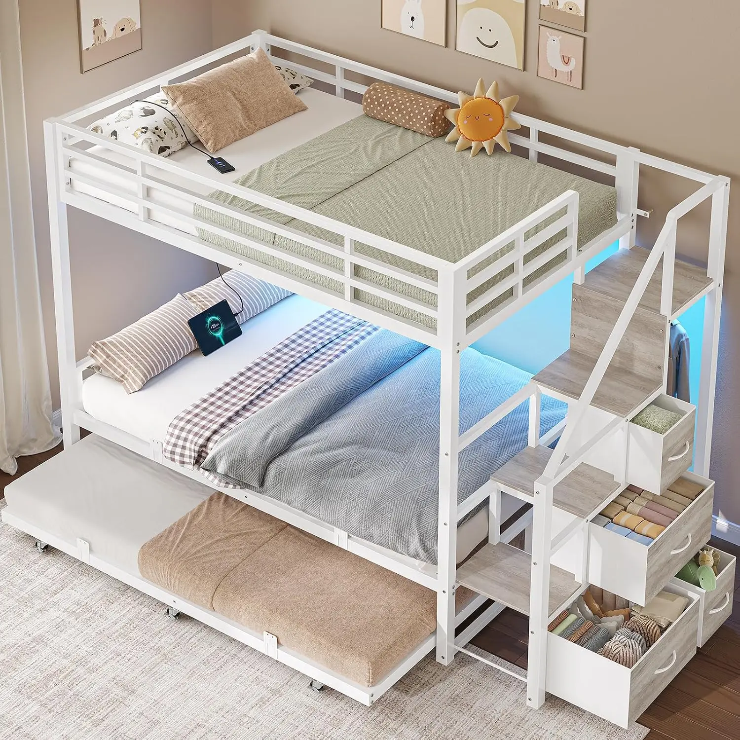 VIAGDO Bunk Bed with Trundle and Staircase Storage, Twin Over Twin Metal Bunk Bed with 4 Drawers, Charging Station & LED Lights,