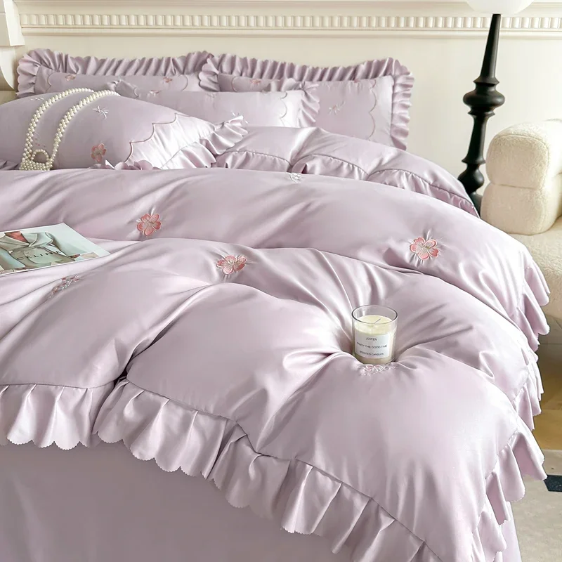 2025 New Arrival Luxury Bedding Set - Ice Silk, Lace - Trimmed, with Exquisite Embroidery, for 1.2m, 1.5m, 1.8m, 2.0m Beds