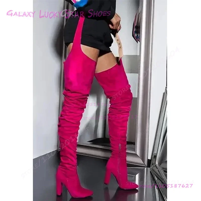 

Pants Chunky Heel Long Boots Women Yellow Pointed Belt Buckle Suede Red Shoes Red Leather Hollow Tassel Sporty Stage Cool Shoes