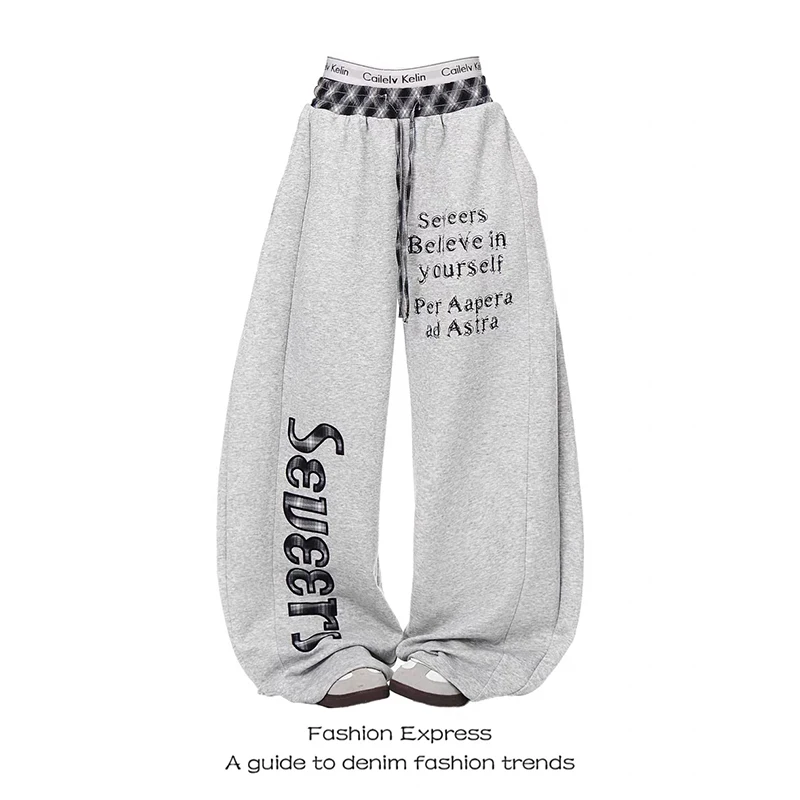 

ZHIZOU Women Gray Gothic Baggy Y2k Letter Print Pants Aesthetic 2000s Vintage Oversize Sweatpants Wide Leg Trousers Autumn 2025