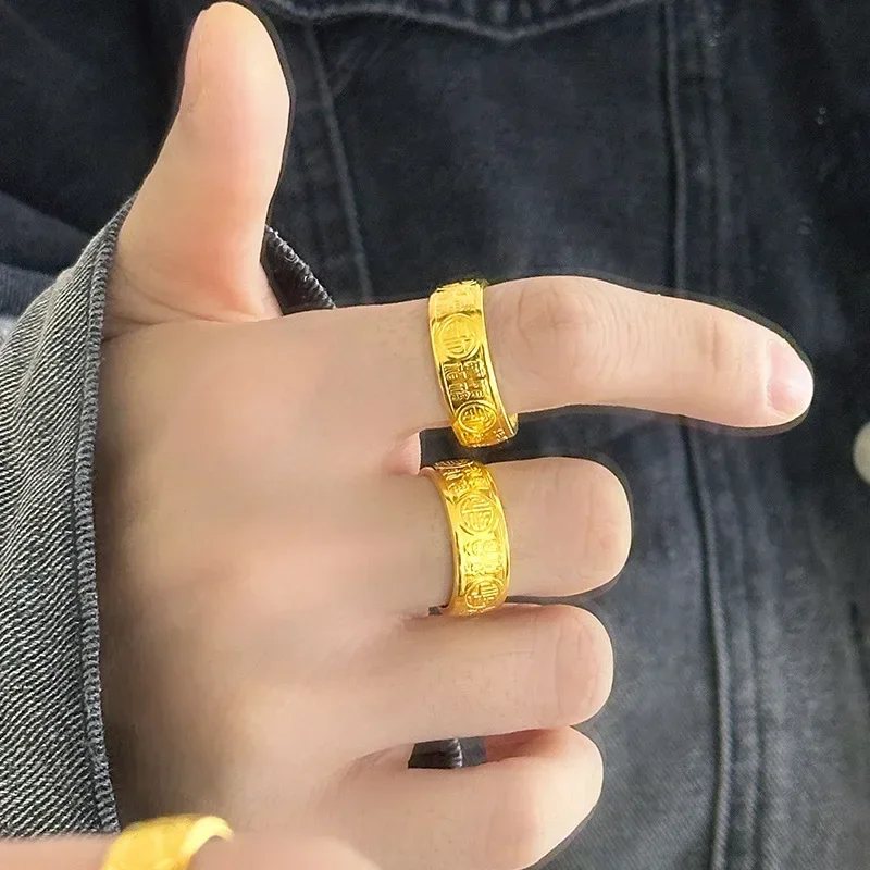 

9999 Real Gold 24K Gold Ring Baifu Live Men's Ring, Gold Retro Fu Ring Glossy Baifu Ring