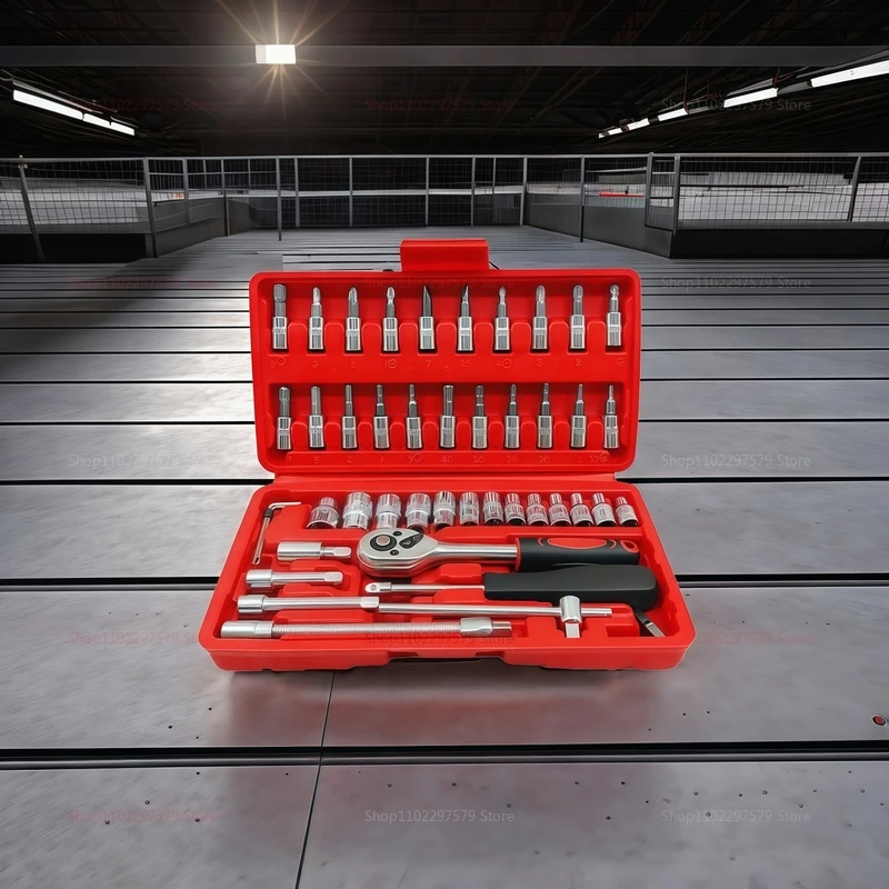 46 Piece Car Repair Tool Set Includes Ratchet Wrench Socket Combo Toolbox Motorcycle Maintenance Gear