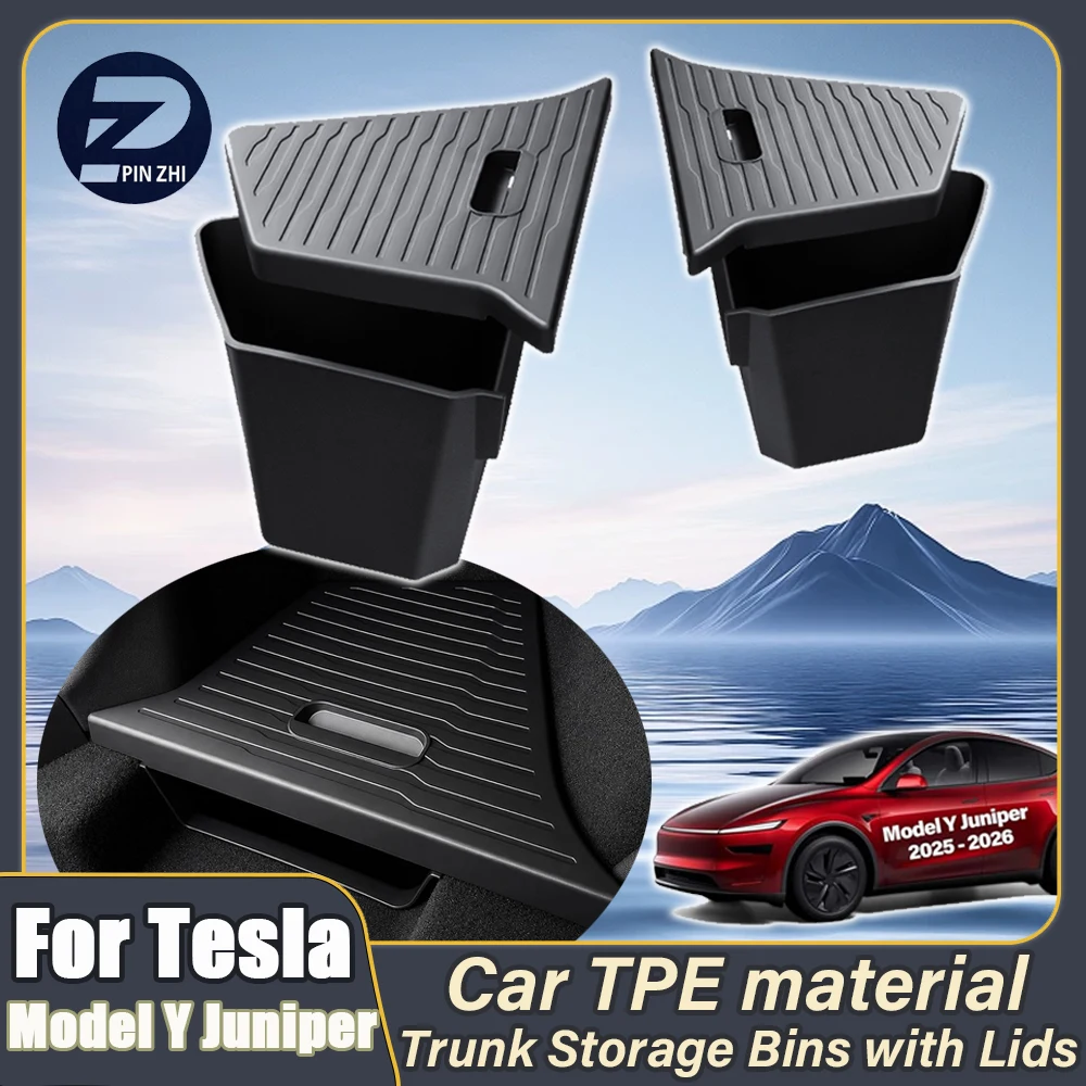 Caixas organizadoras para porta-malas do Tesla Model Y Juniper Premium Performance com tampa de TPE à prova d'água e caixa organizadora lateral para porta-malas.