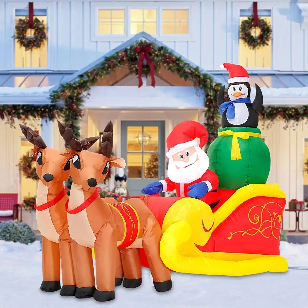 

6 FT Christmas Inflatable Decoration Santa Claus on Sleigh with Reindeers penguin LED Lights Blow Up Yard Decoration Xmas Paty