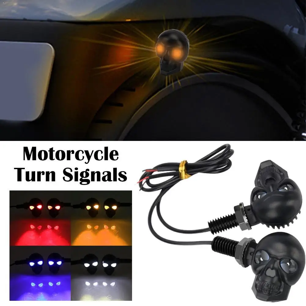 12V LED Skull Head Motorcycle Turn Signal Lights Universal Amber White Dual Color Blinker Lamp For Chopper Cruiser