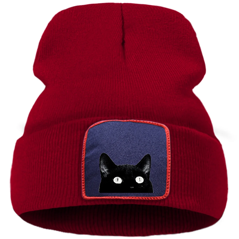 Big Eyes Cat Black Cartoon Printing Hip Hop Man Knit Hats Keep Warm Outdoor Women Winter Hat Fashion Casual Beanie For Teens