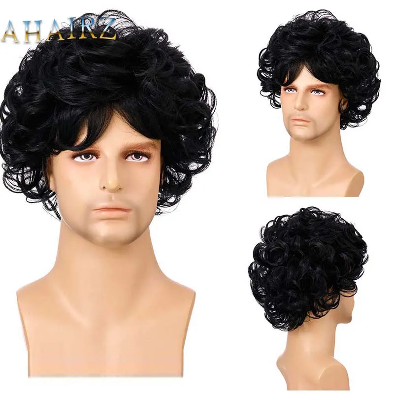 

Men's Curly Hair Synthetic Wig with Bangs Black Short Wig for Men Fluffy Heat Resistant Daily Party Use Wig