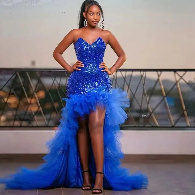 

Sexy Blue Shining Sequin High-Low Prom Dresses Royal Blue Sexy Strapless V-neck Backless Mermaid Dress
