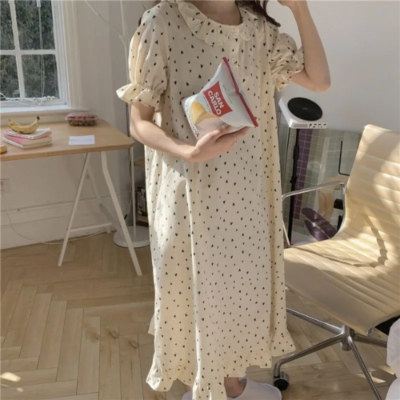 Heart Print Sleepwear Woman Short Sleeves Nightgown Korean Night Dress Summer One Piece Pajamas Dress Ruffles Night Wears 2024