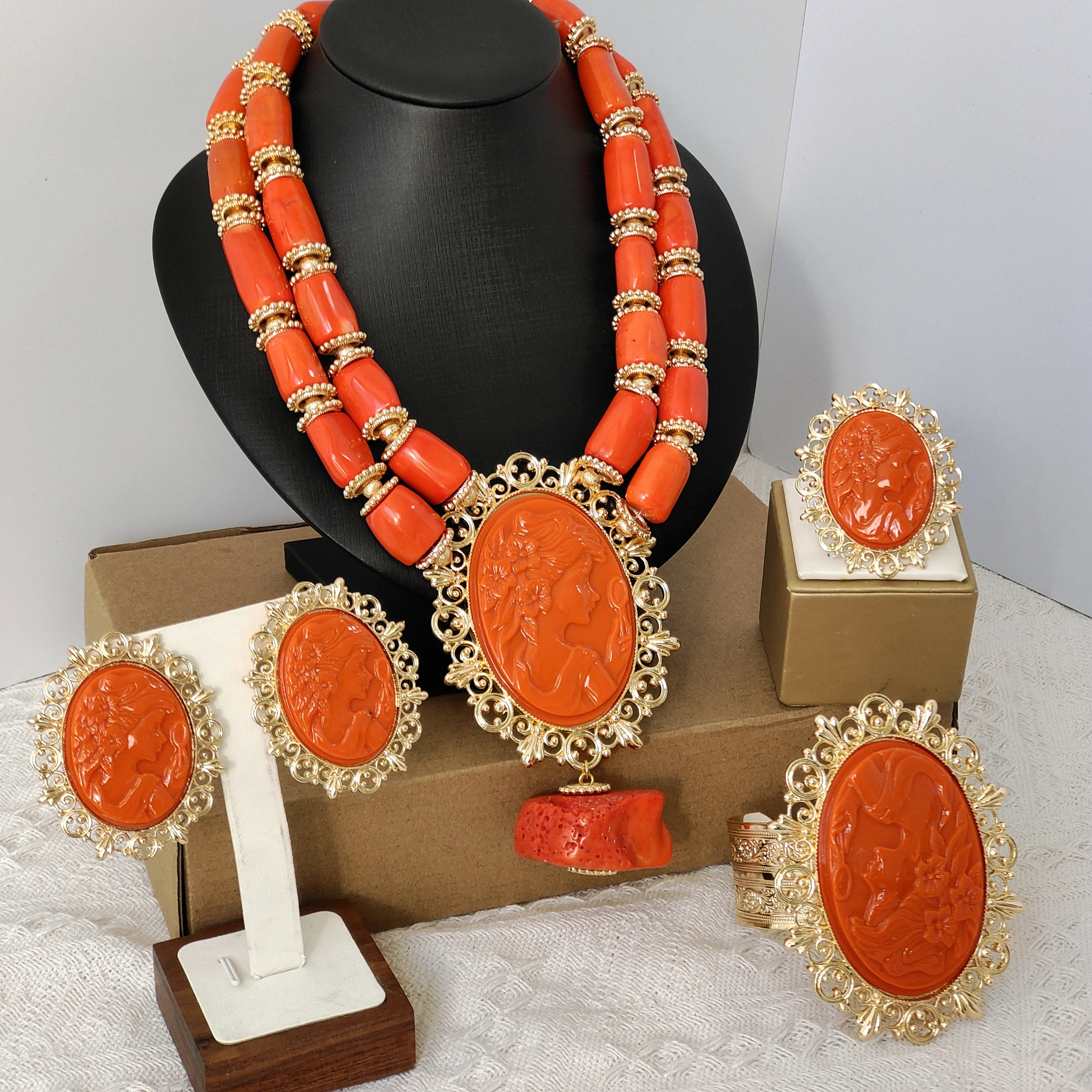 

nigerian wedding african beads jewelry set original orange coral necklace bracelet earrings ring